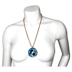 Hand-Painted Blue Marbled Round Pendant 18k Gold Plated Necklace