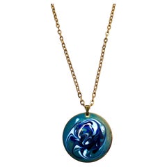 Hand-Painted Blue Marbled Round Pendant 18k Gold Plated Necklace