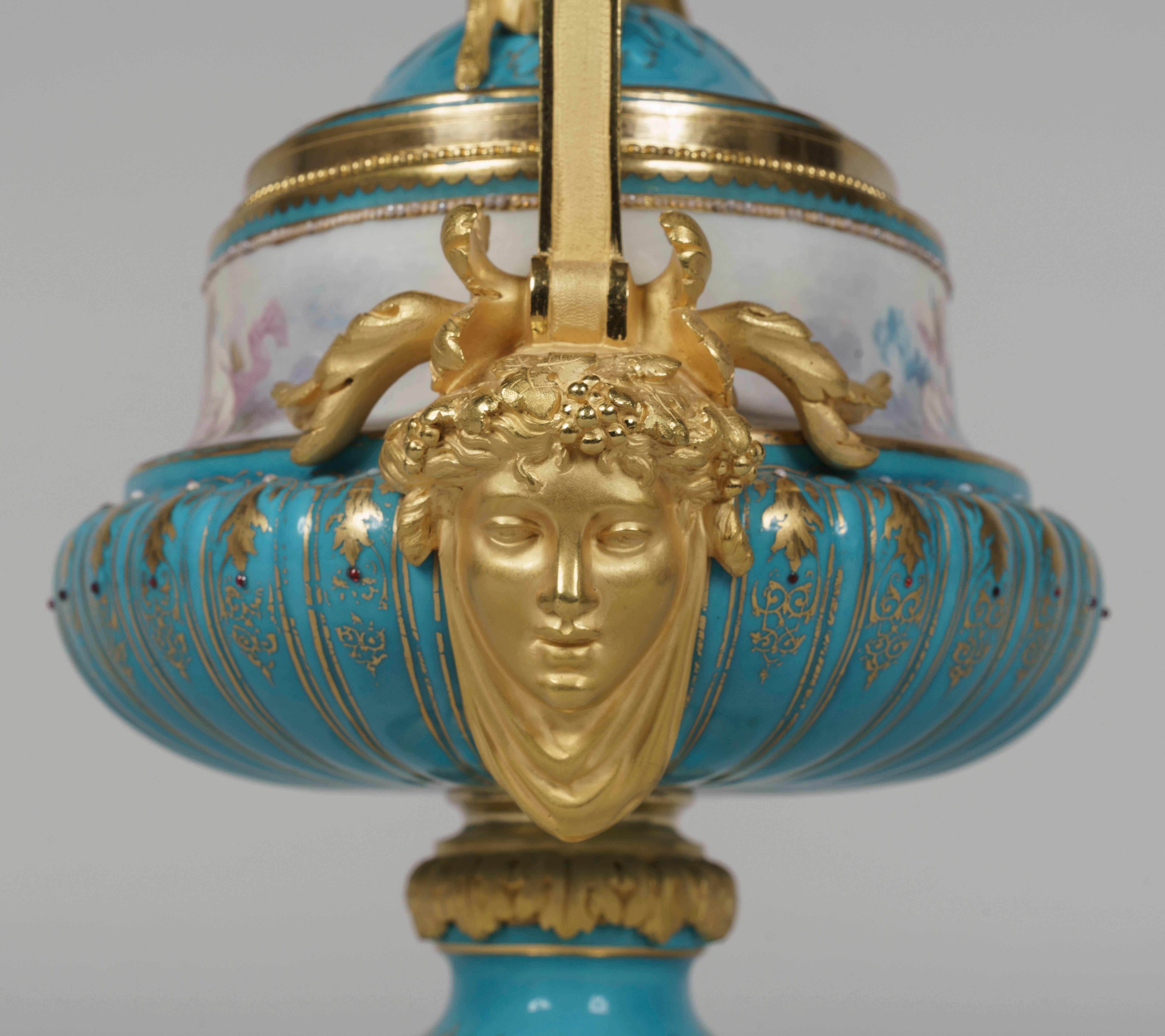 French Hand Painted Blue Porcelain and Gilt Bronze Centerpiece in the Louis XVI Style For Sale