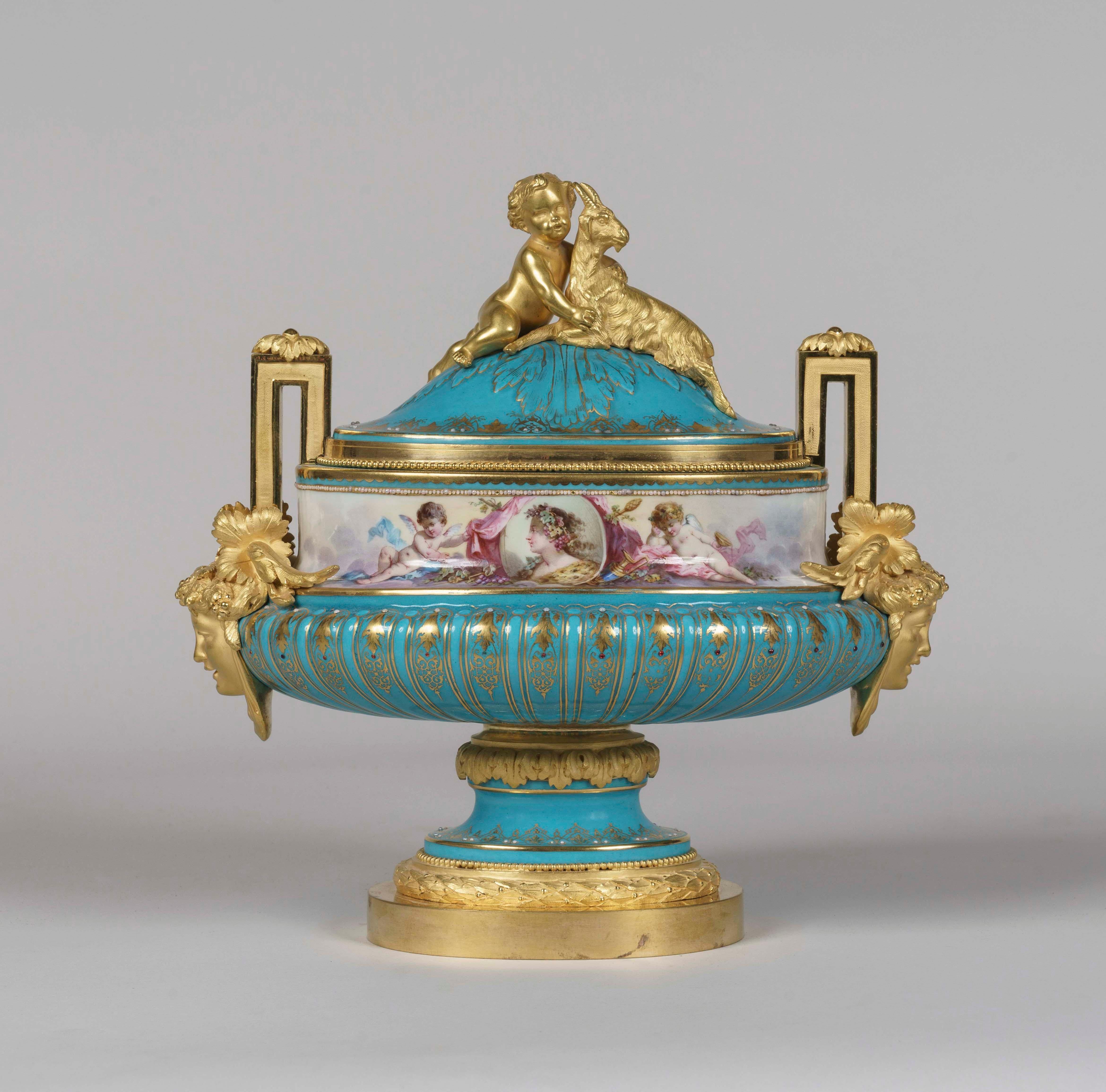 19th Century Hand Painted Blue Porcelain and Gilt Bronze Centerpiece in the Louis XVI Style For Sale