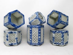 Hand Painted Blue White Japanese Chinese Reticulated Hexagonal Porcelain Vases