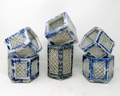 Hand Painted Blue White Japanese Chinese Reticulated Hexagonal Porcelain Vases