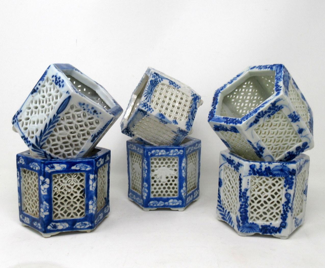 Stylish Assembled v, sometimes referred to as cricket pots or cages. Circa first half of the Twentieth Century. 

Each finely hand decorated on all outer panels depicting flowers and scrolling detail. These pieces are typically unmarked.