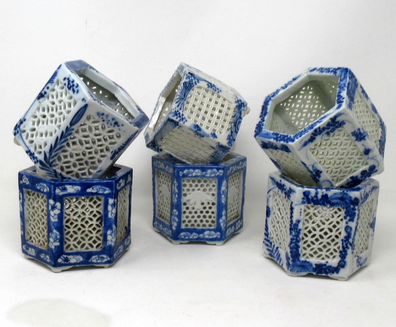 Art Deco Hand Painted Blue White Japanese Chinese Reticulated Hexagonal Porcelain Vases