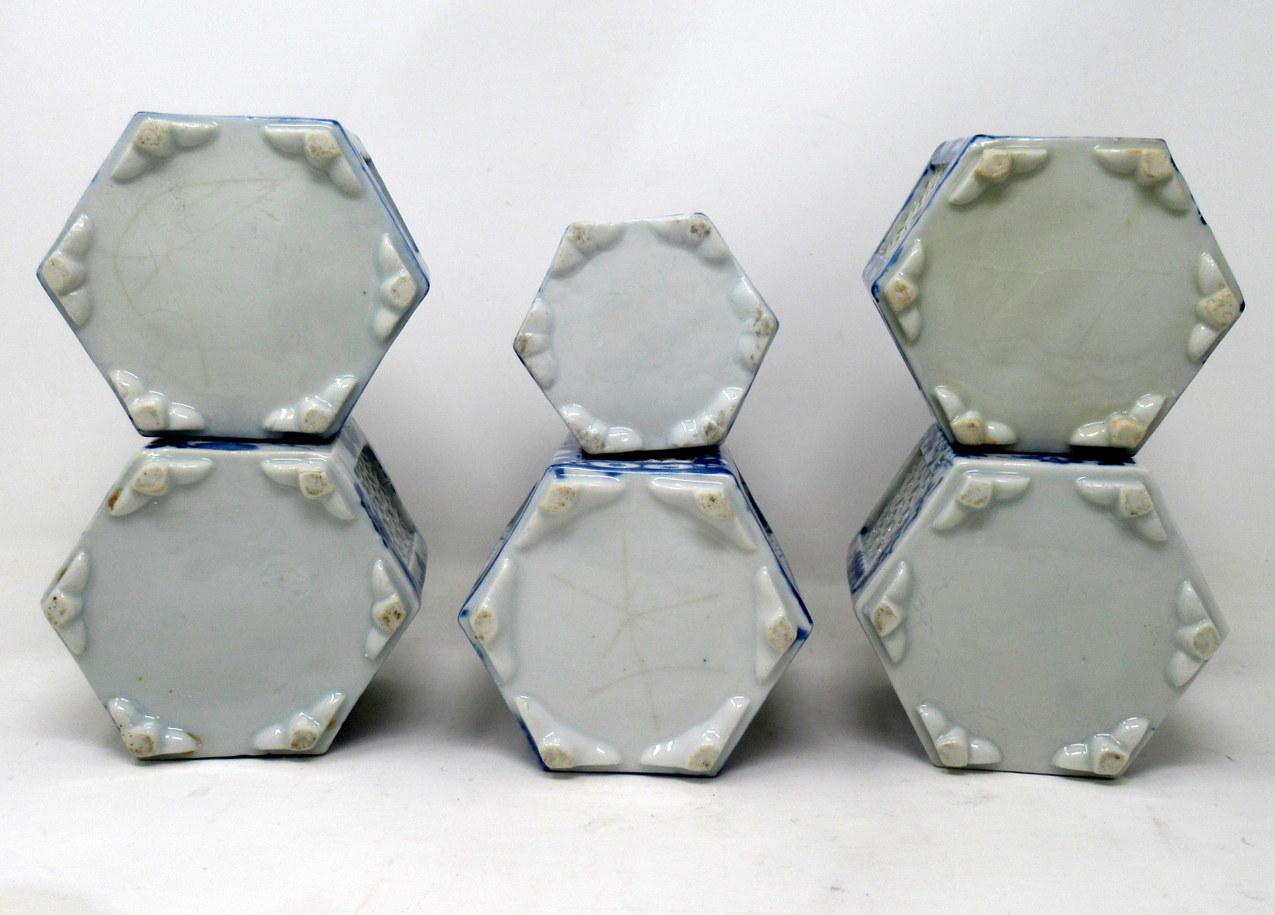 20th Century Hand Painted Blue White Japanese Chinese Reticulated Hexagonal Porcelain Vases