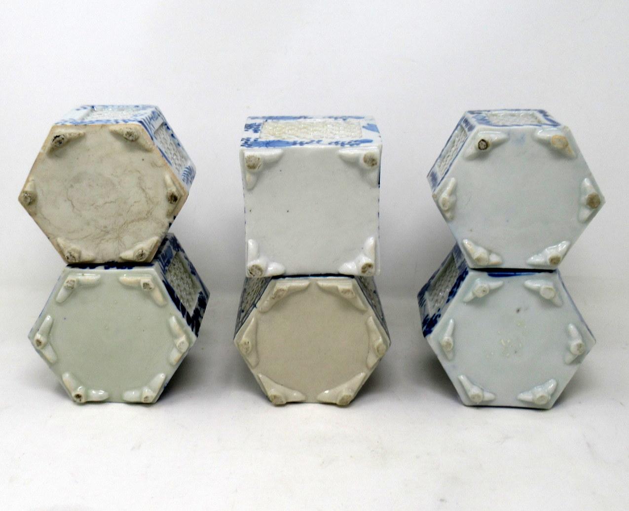 20th Century Hand Painted Blue White Japanese Chinese Reticulated Hexagonal Porcelain Vases