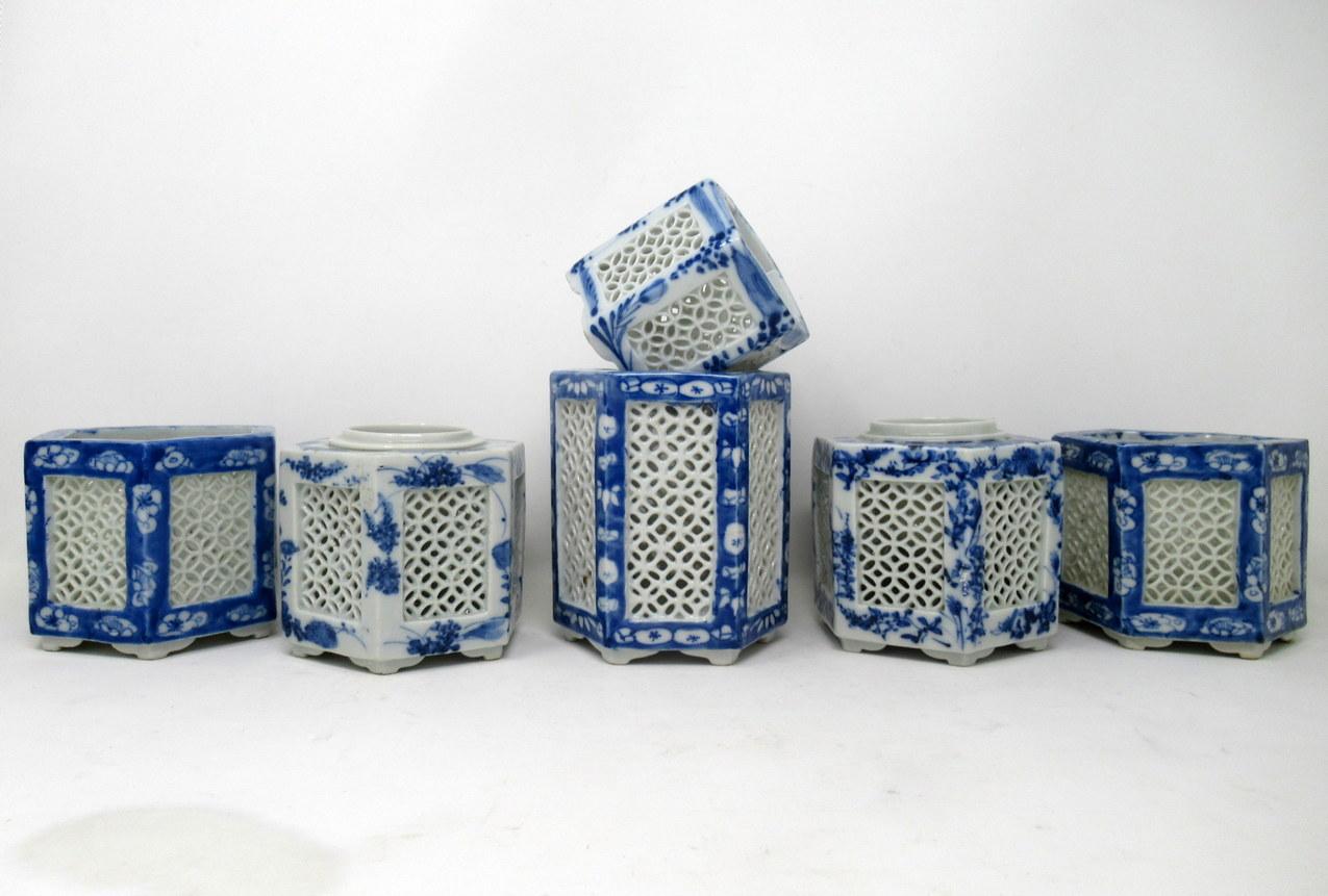Ceramic Hand Painted Blue White Japanese Chinese Reticulated Hexagonal Porcelain Vases