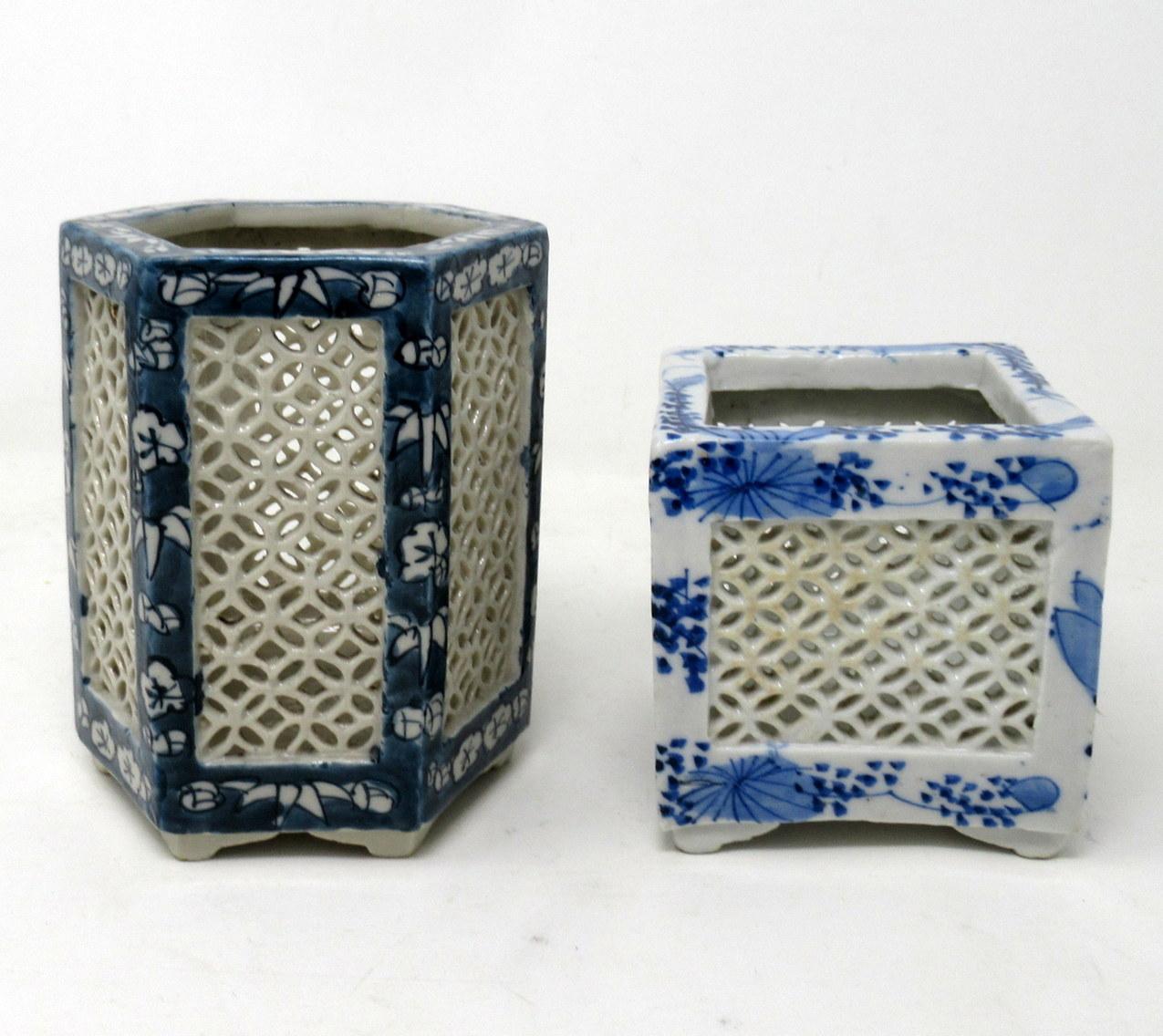 Ceramic Hand Painted Blue White Japanese Chinese Reticulated Hexagonal Porcelain Vases