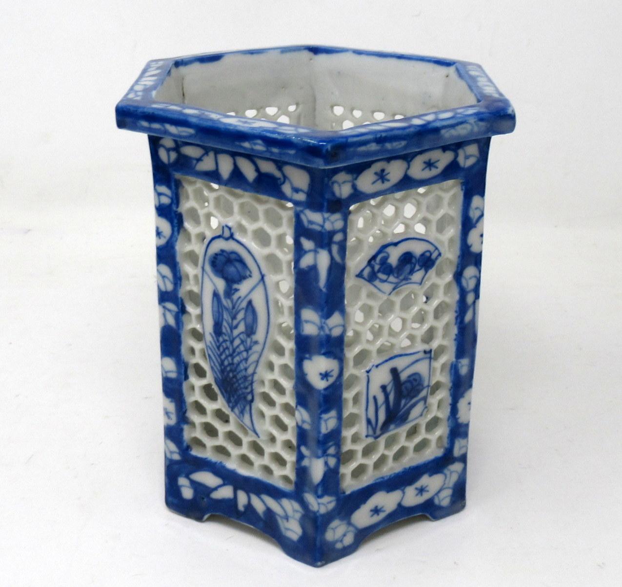 Ceramic Hand Painted Blue White Japanese Chinese Reticulated Hexagonal Porcelain Vases