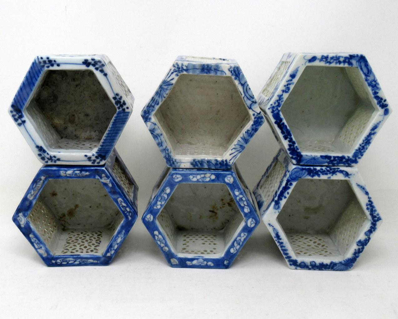 20th Century Hand Painted Blue White Japanese Chinese Reticulated Hexagonal Porcelain Vases