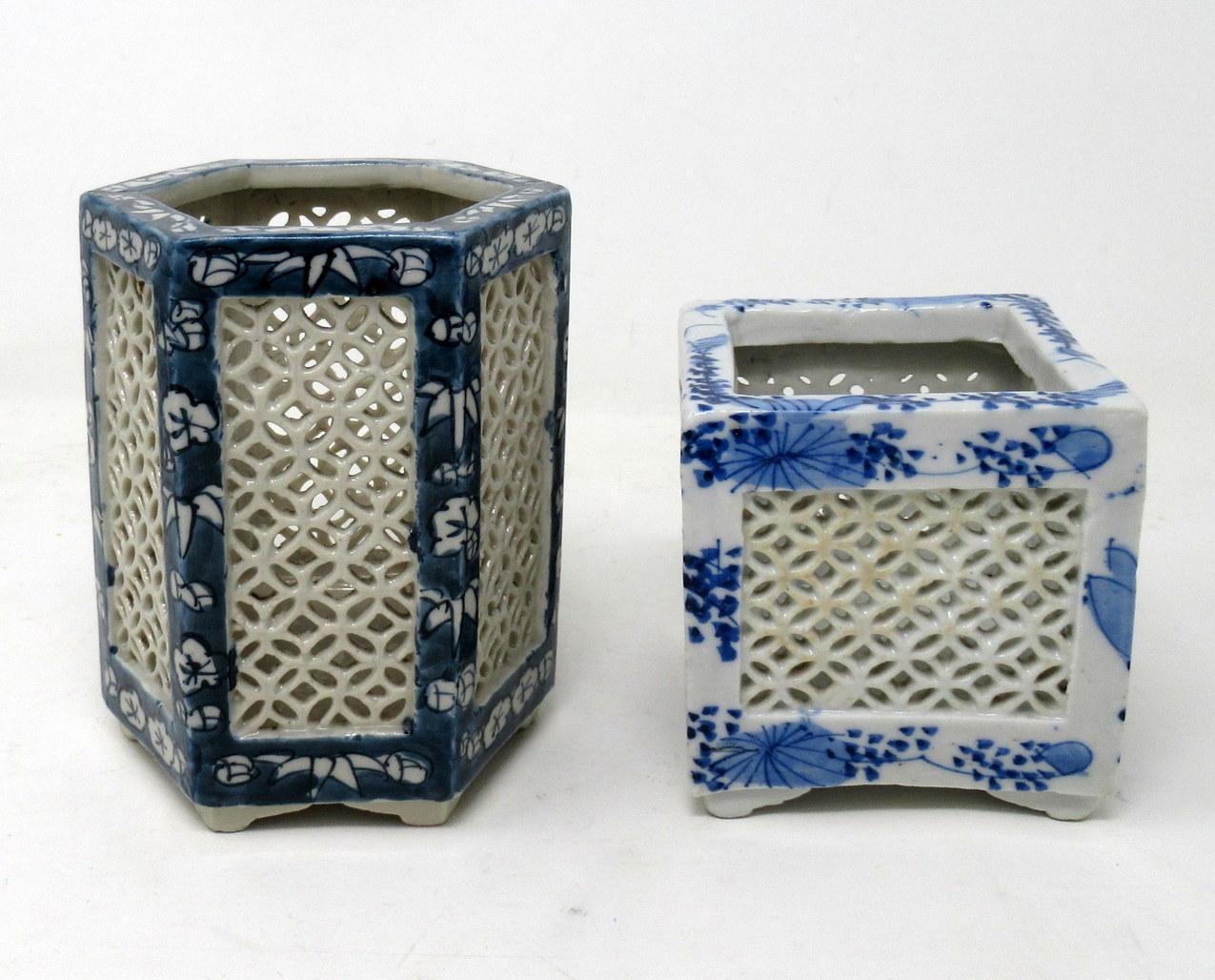 Hand Painted Blue White Japanese Chinese Reticulated Hexagonal Porcelain Vases 1