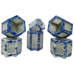 Antique Hand Painted Blue White Japanese Chinese Reticulated Hexagonal Porcelain Vases