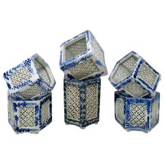 Antique Hand Painted Blue White Japanese Chinese Reticulated Hexagonal Porcelain Vases