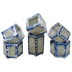 Hand Painted Blue White Japanese Chinese Reticulated Hexagonal Porcelain Vases