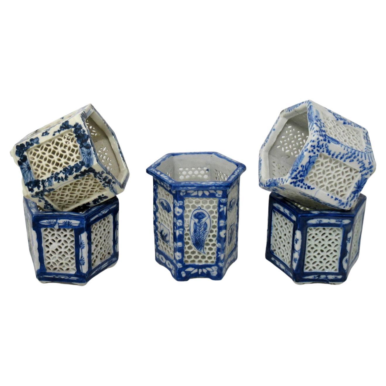Hand Painted Blue White Japanese Chinese Reticulated Hexagonal Porcelain Vases