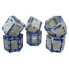 Hand Painted Blue White Japanese Chinese Reticulated Hexagonal Porcelain Vases