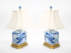 Hand Painted Blue & White Porcelain Table Lamps / Gilt Wood Painted Base