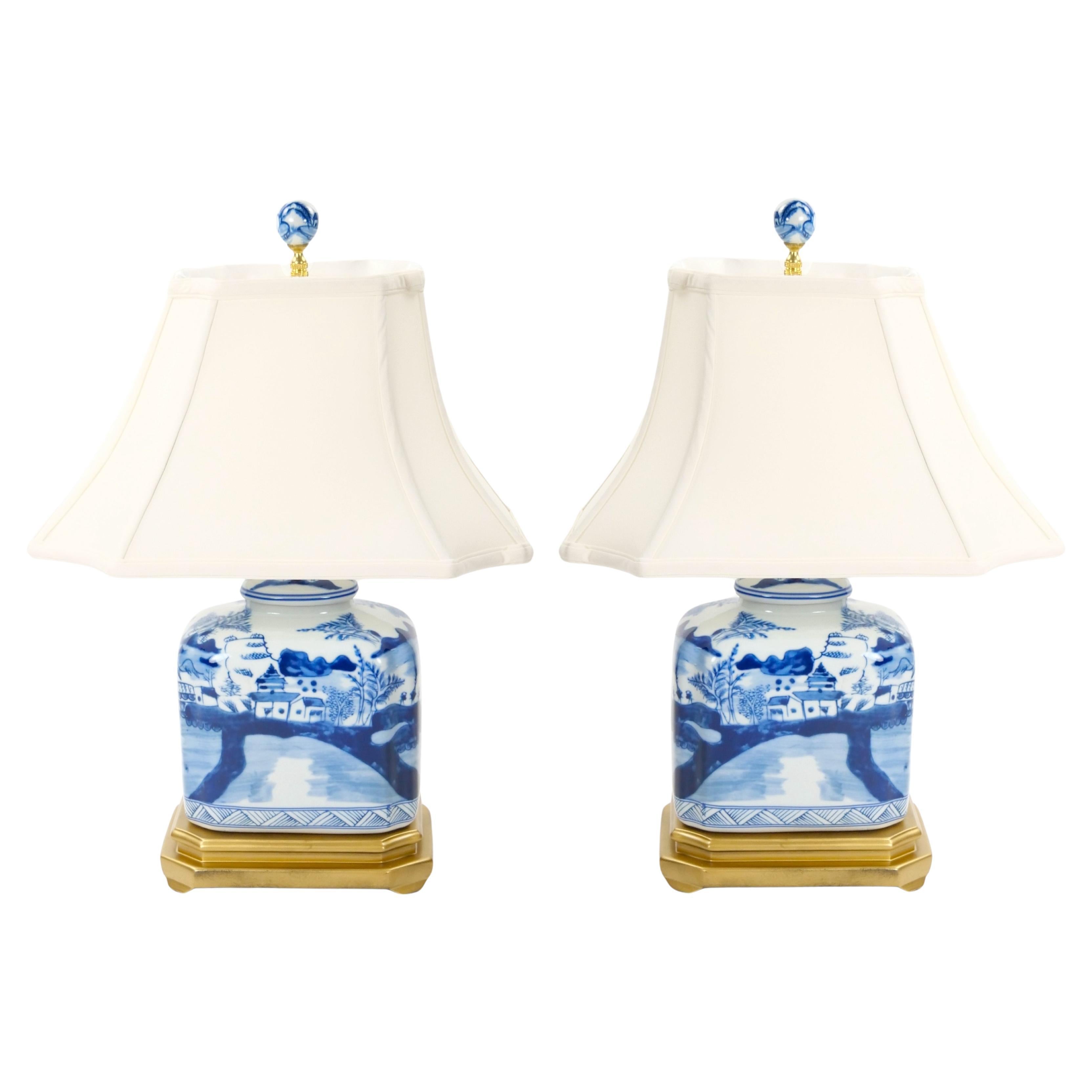 Hand Painted Blue & White Porcelain Table Lamps / Gilt Wood Painted Base