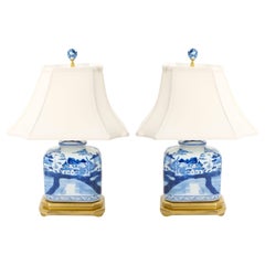 Hand Painted Blue & White Porcelain Table Lamps / Gilt Wood Painted Base