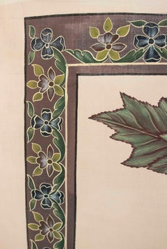 Hand-Painted Bordered Fabric with Birds on Tree