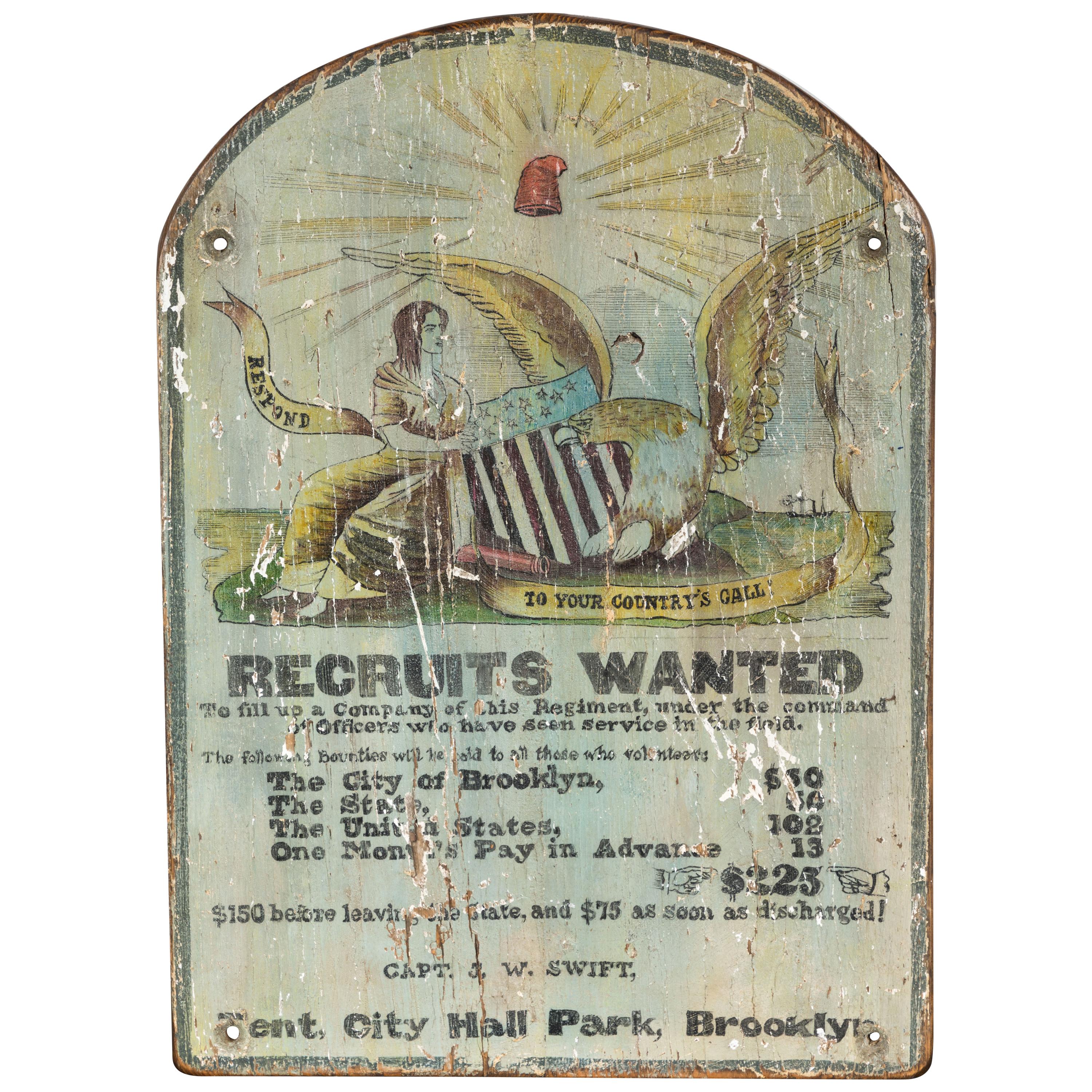 Hand Painted Broadside Recruits Wanted sign from Brooklyn
