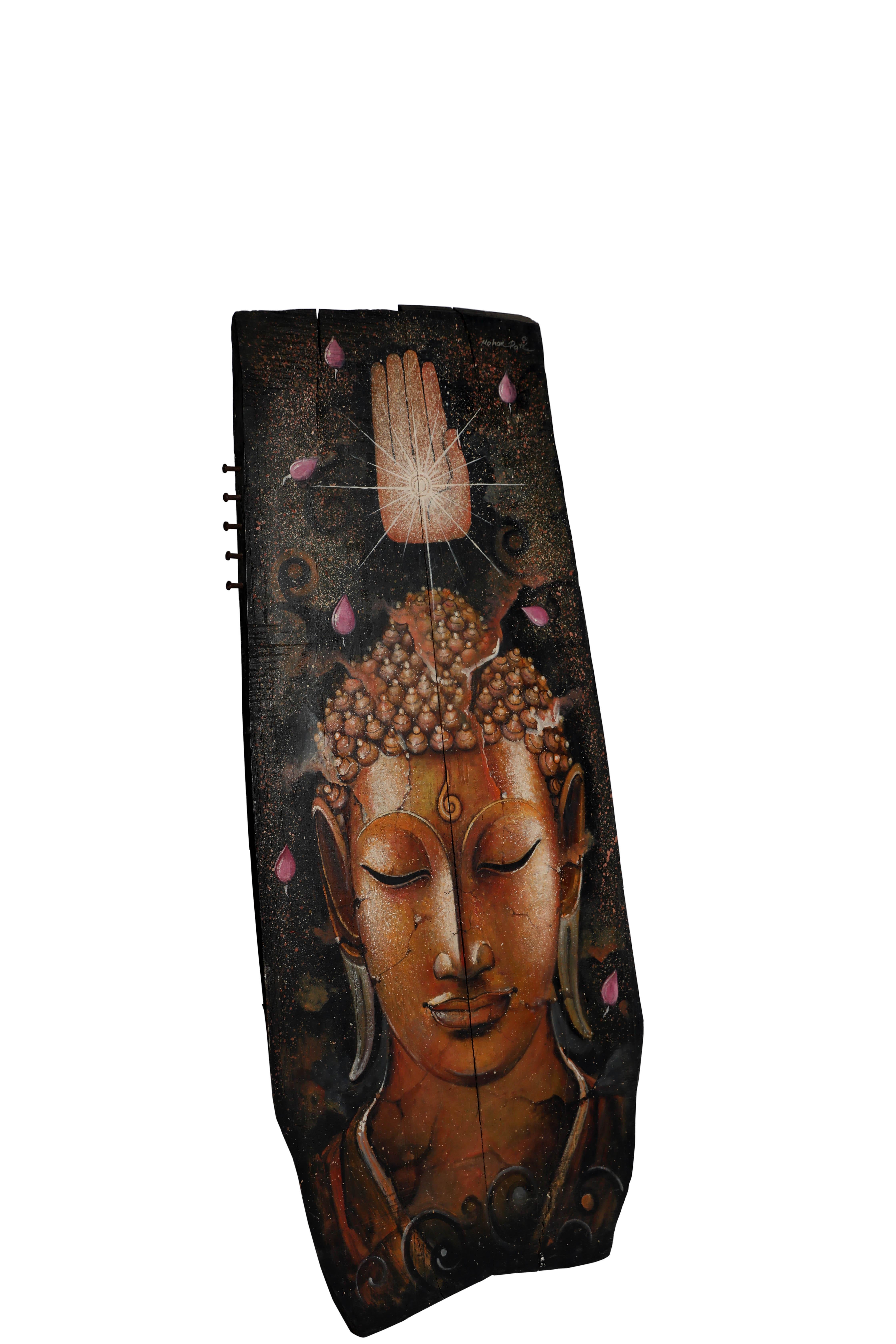 An amazing painting of Buddha on an old door panel.  The secrets of enlightenment of Buddhist iconography are all there--the Ushnisha crown of attaining enlightenment, the Urna third eye seeing beyond the physical and material world, the meditative