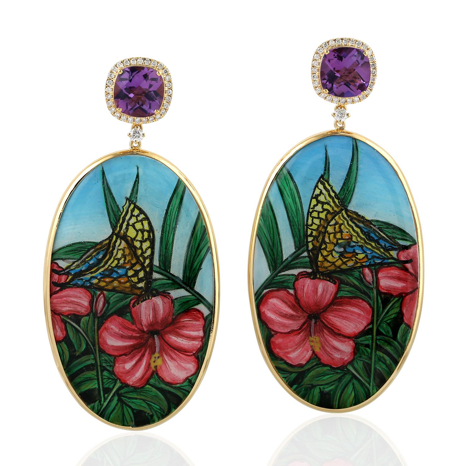 Modern Hand Painted Butterfly and Flower Bakelite Earrings With Amethyst & Diamonds For Sale