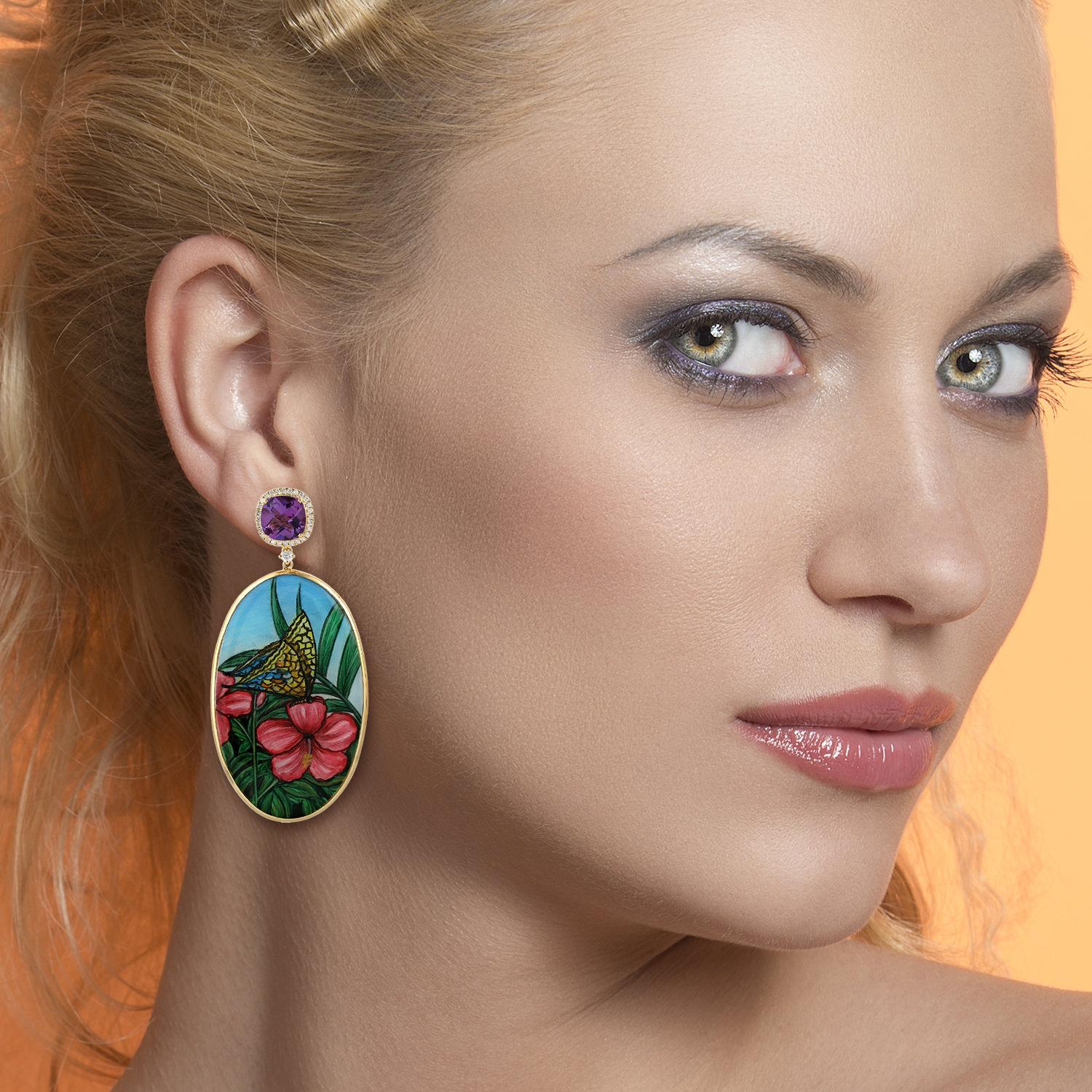 Round Cut Hand Painted Butterfly and Flower Bakelite Earrings With Amethyst & Diamonds For Sale
