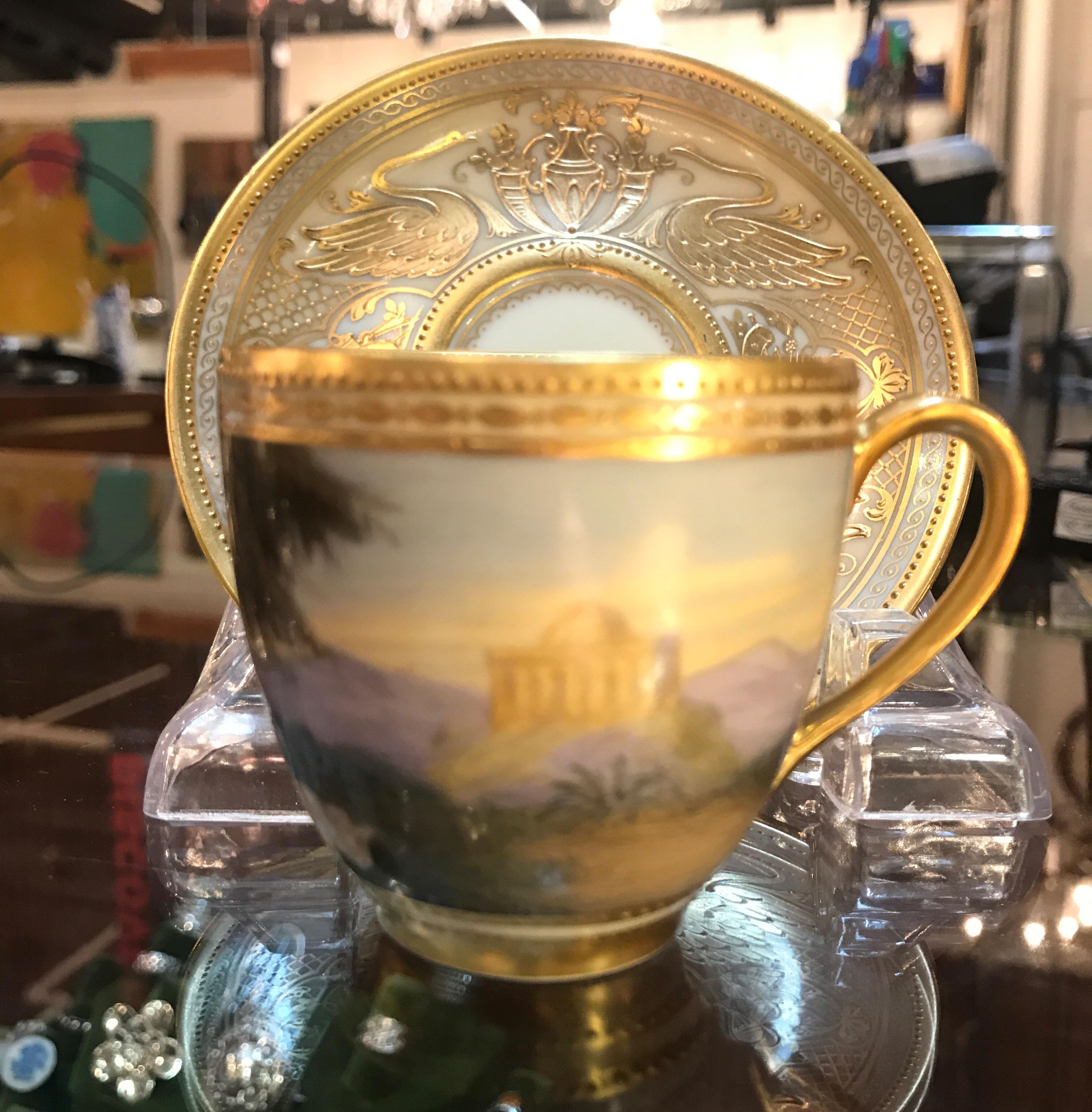 Hand Painted Cabinet Piece Cup and Saucer by Ambrosius Lamm In Excellent Condition In Lambertville, NJ