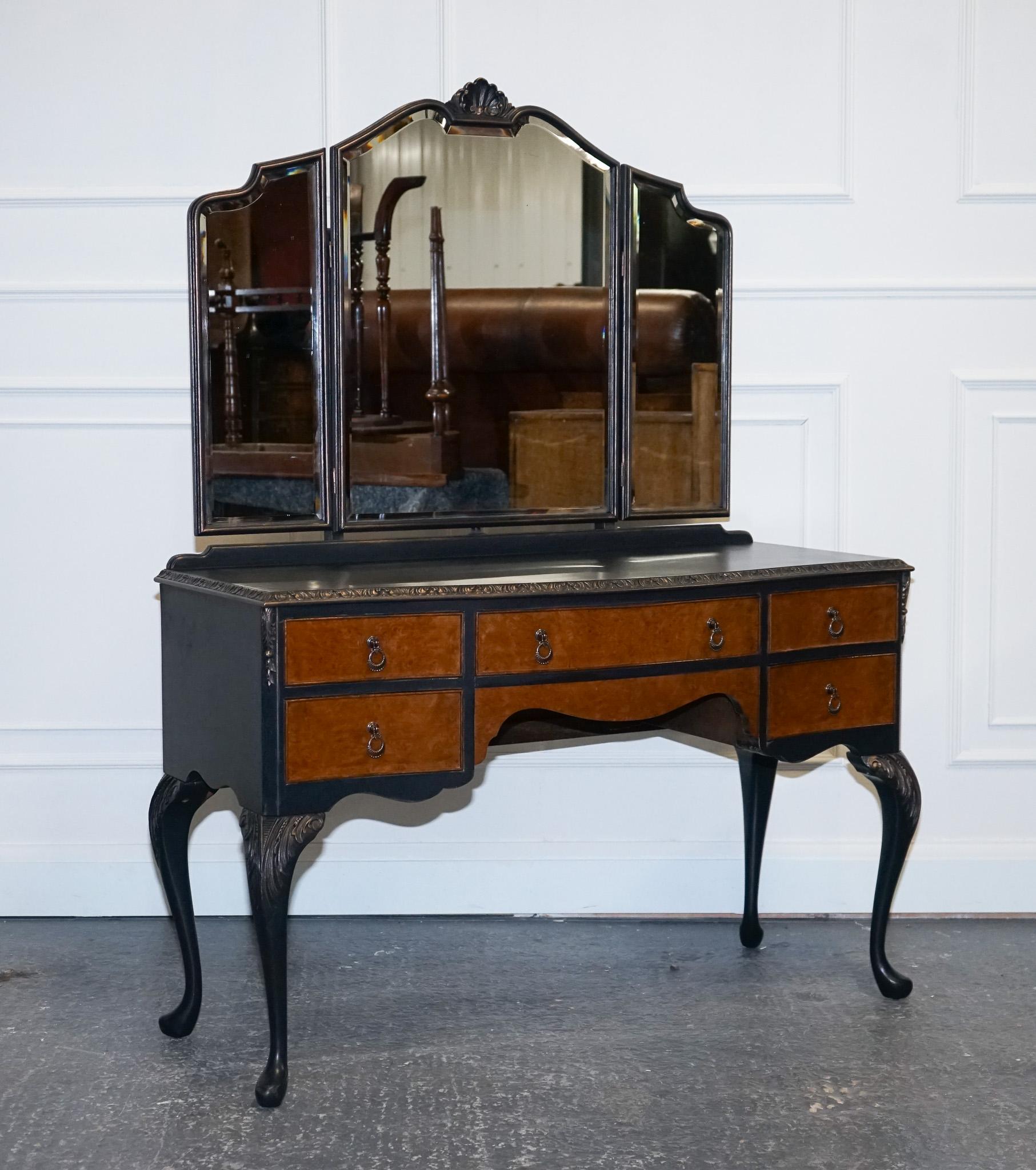 We are delighted to offer for sale this lovely Hand Painted Carbon Colour Dressing Table With Burr Walnut Drawers.

Introducing our extraordinary Hand Painted Carbon Colour Dressing Table with Burr Walnut Drawers. Crafted to perfection, this