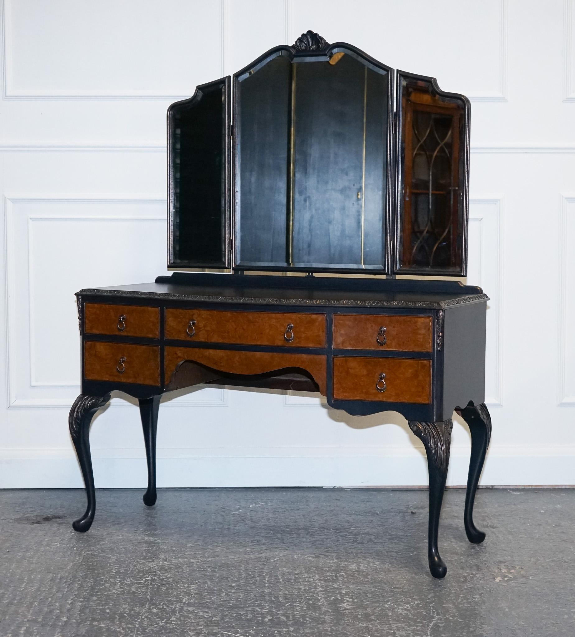 Victorian Hand Painted Carbon & Bronze Colour Dressing Table with Burr Walnut Drawers For Sale