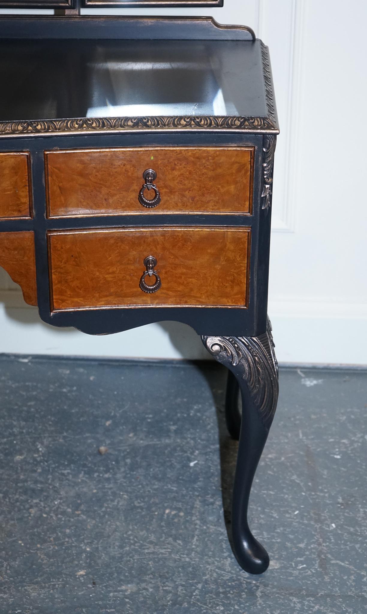 Hand Painted Carbon & Bronze Colour Dressing Table with Burr Walnut Drawers In Good Condition For Sale In Pulborough, GB
