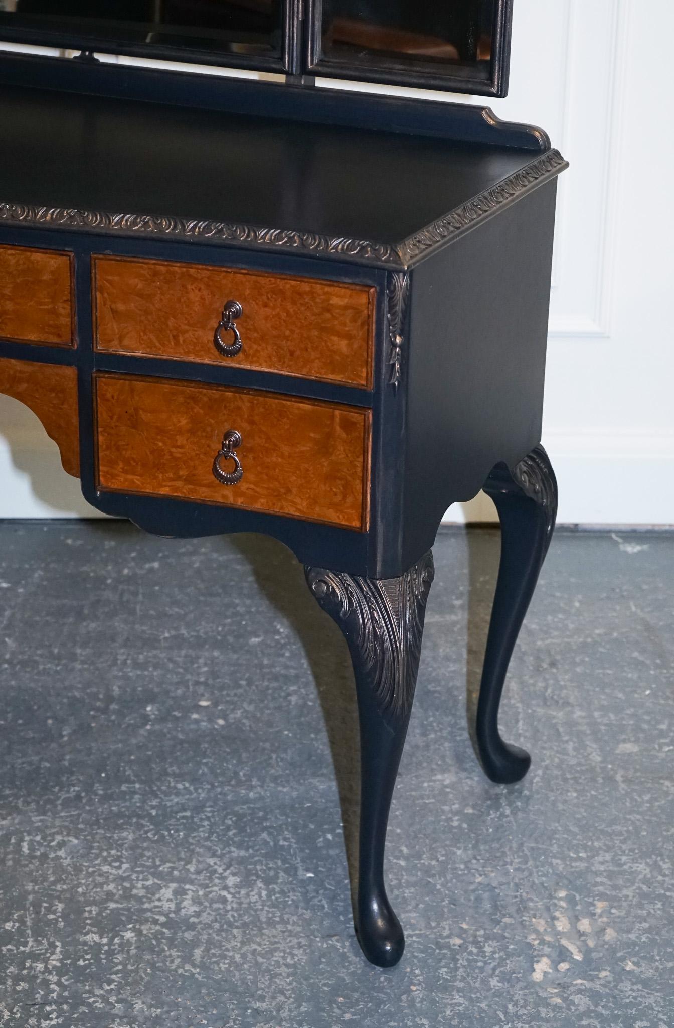 20th Century Hand Painted Carbon & Bronze Colour Dressing Table with Burr Walnut Drawers For Sale