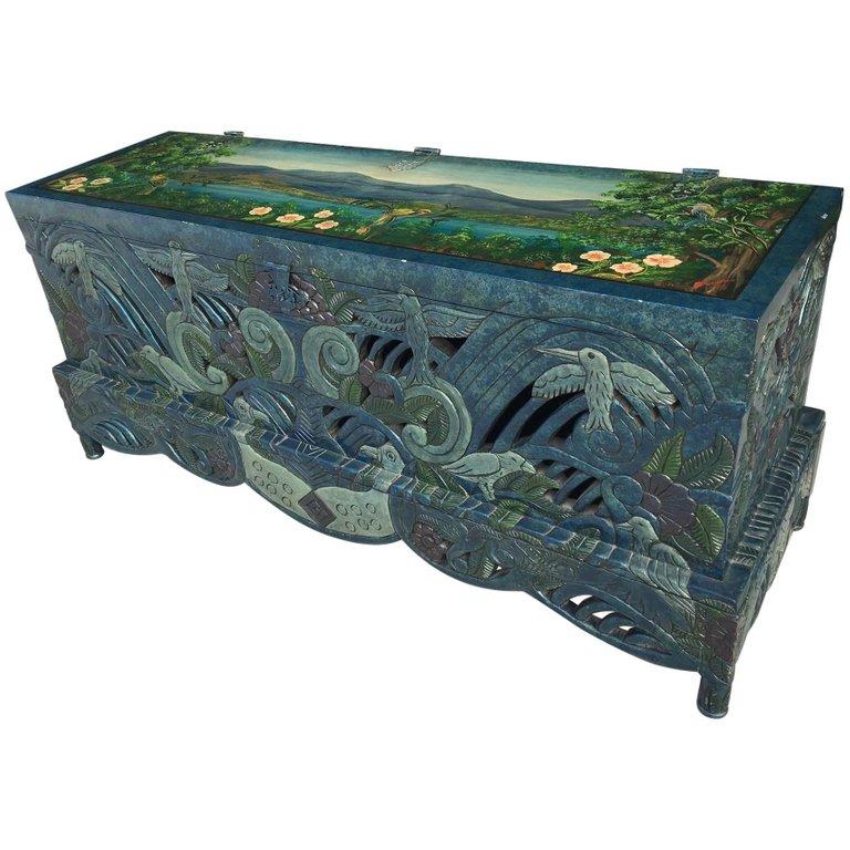 Hand-Painted Carved Chinoiserie Trunk