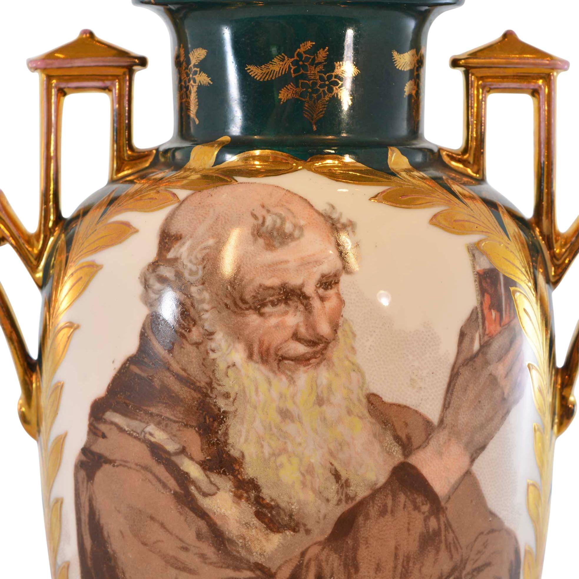 This hand-painted vase from Austria has a rich green base color with a front center design of a bearded craftsman admiring his perfected beer. The hand-painted gold floral detail wrap around the sides and back. There is an intrigue center design on