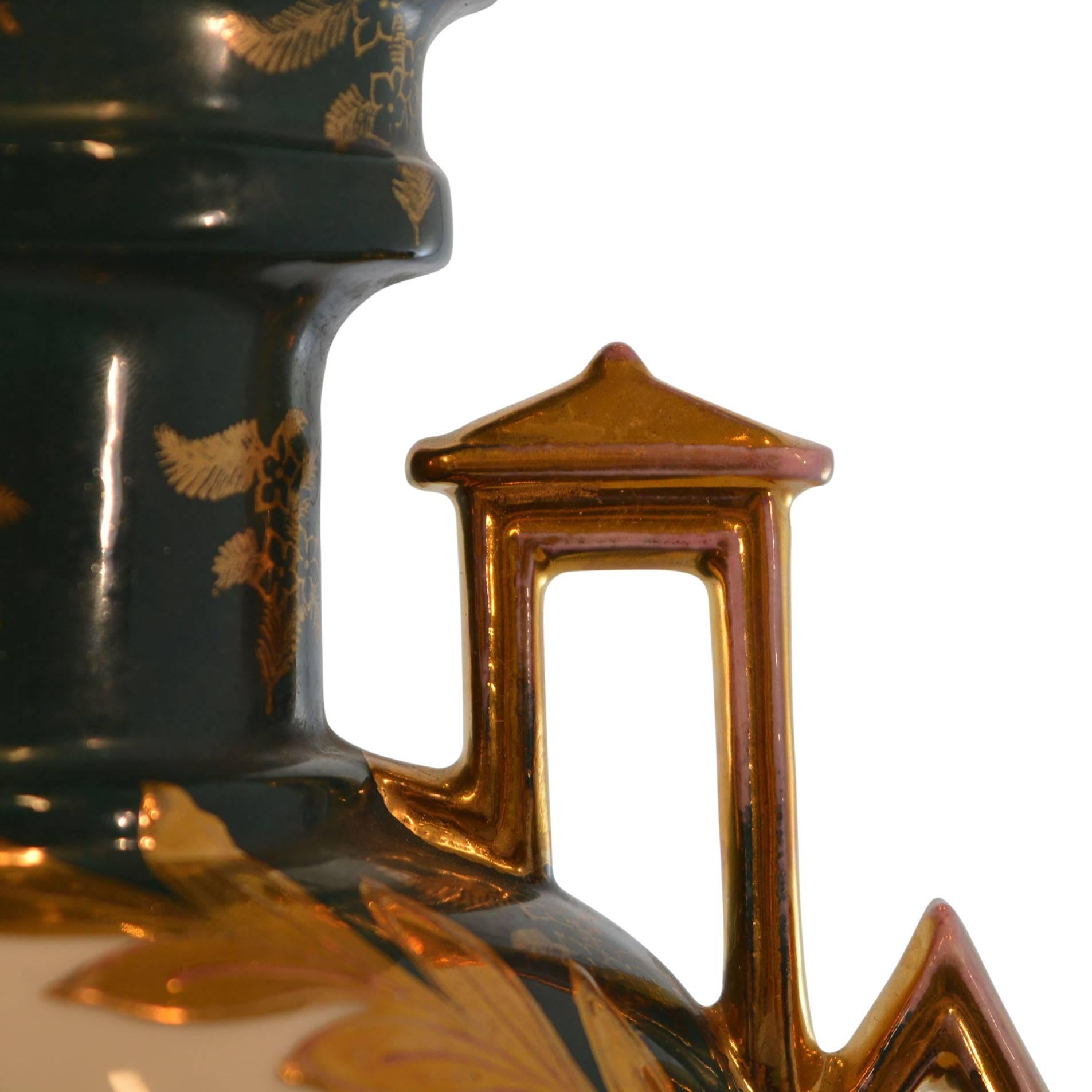 Austrian Hand-Painted Center Design Dark Green Gold Accents Vase For Sale