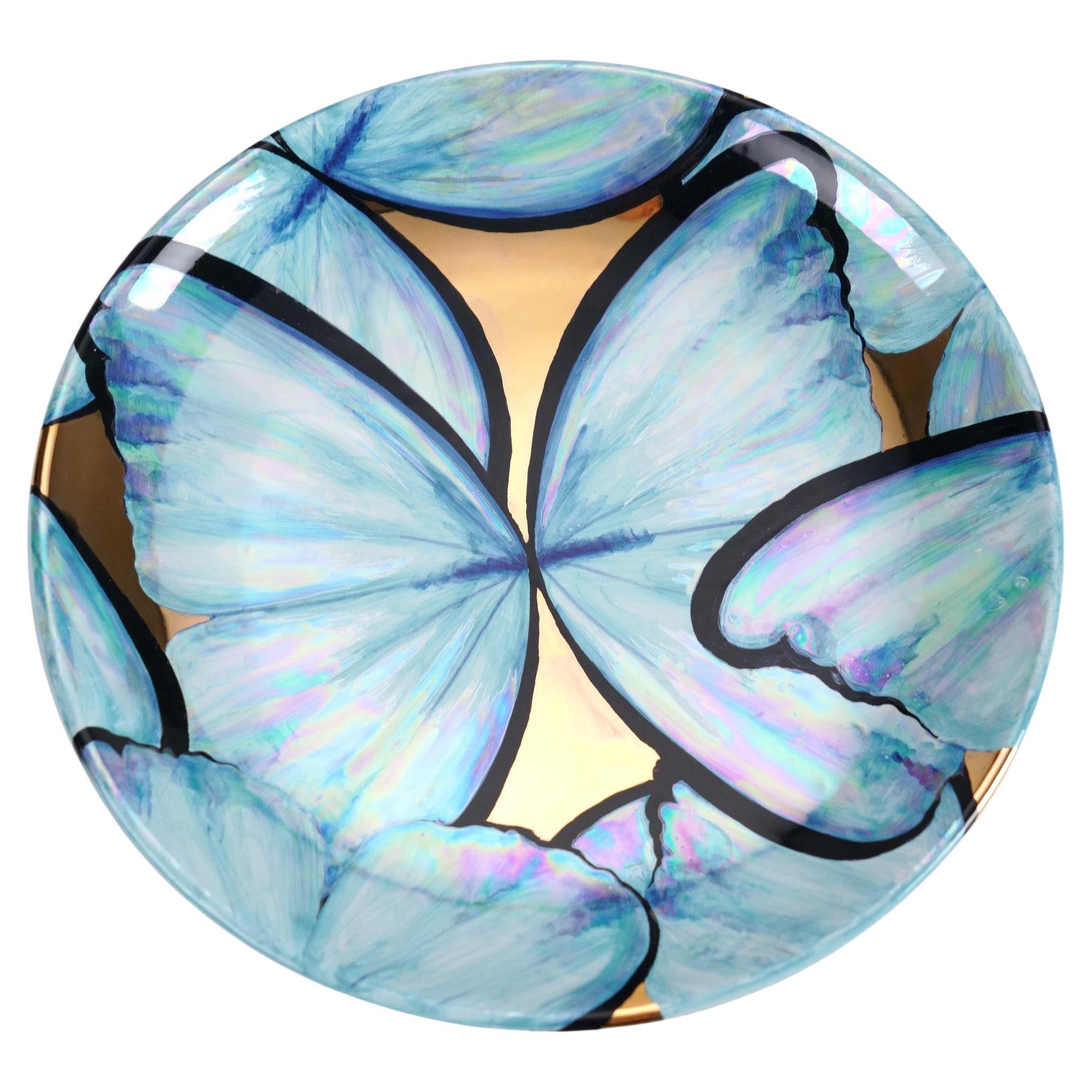 Charger Plate Blue Butterflies Gold Luster Hand-Painted Italian Ceramic en vente