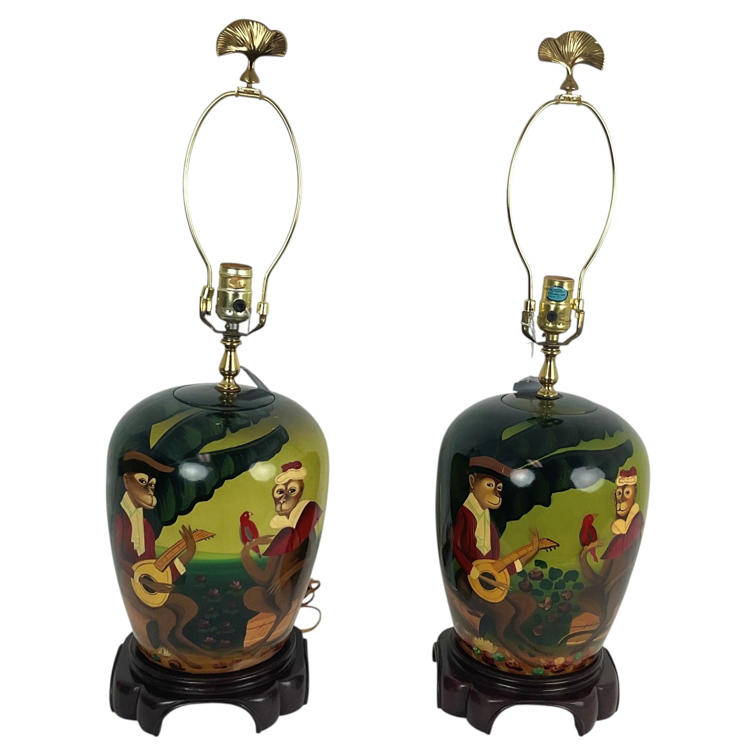 Hand Painted Ceramic English Monkey Lamps For Sale