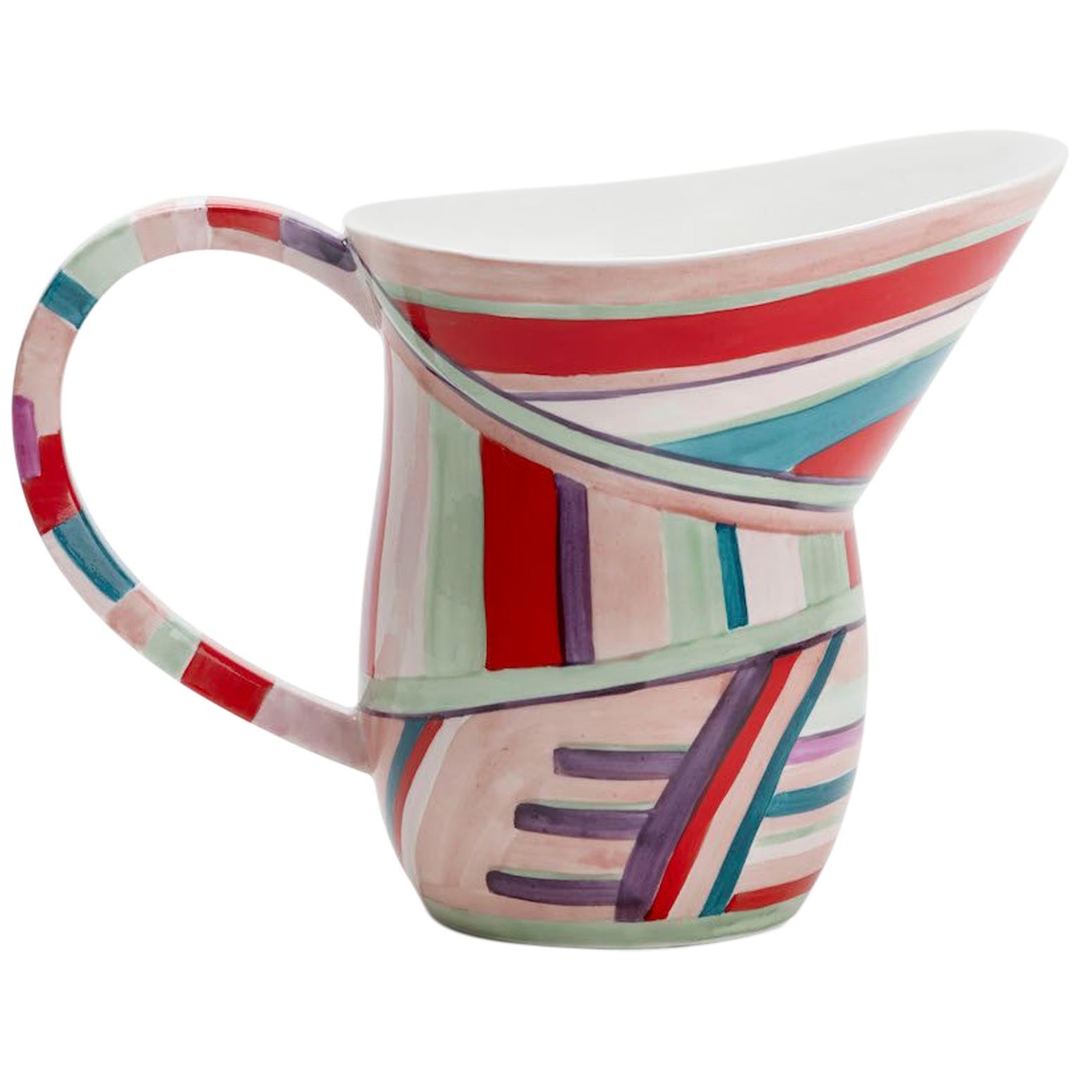 Hand-Painted Ceramic Festival Jug with Exaggerated Curves and Colored Stripes For Sale