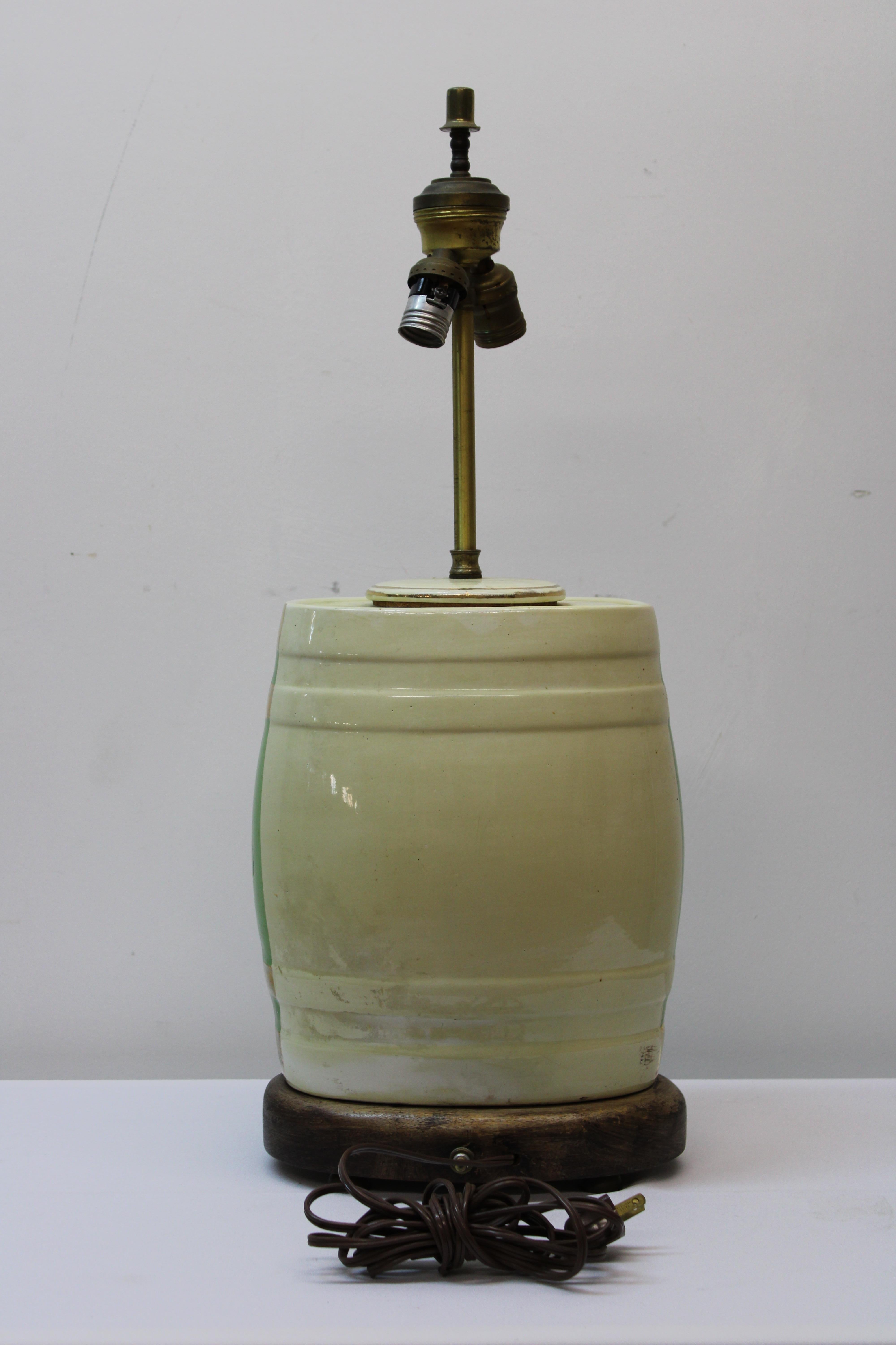 Hand Painted Ceramic Irish Whiskey Jug Converted to Table Lamp In Good Condition For Sale In San Francisco, CA