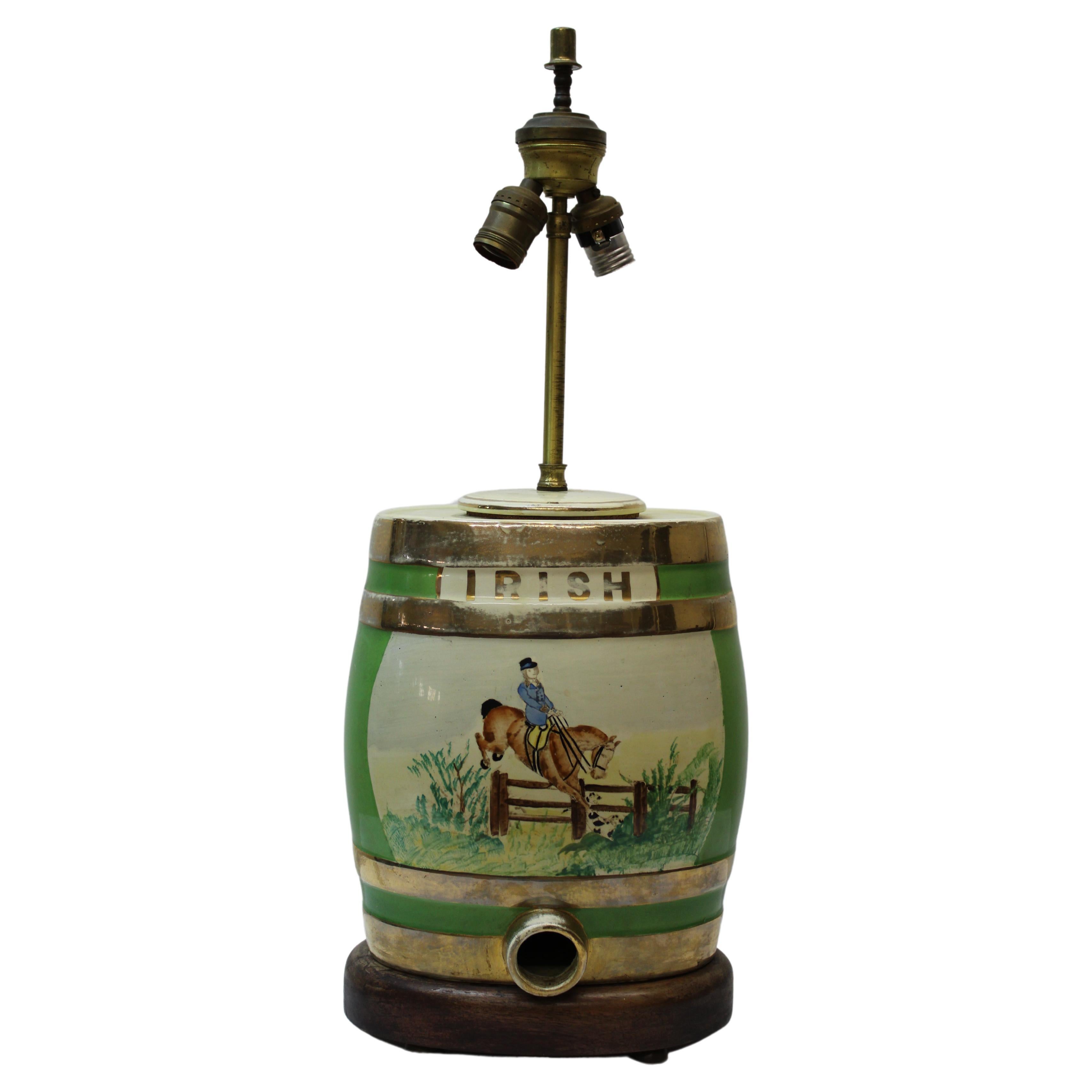 Hand Painted Ceramic Irish Whiskey Jug Converted to Table Lamp For Sale