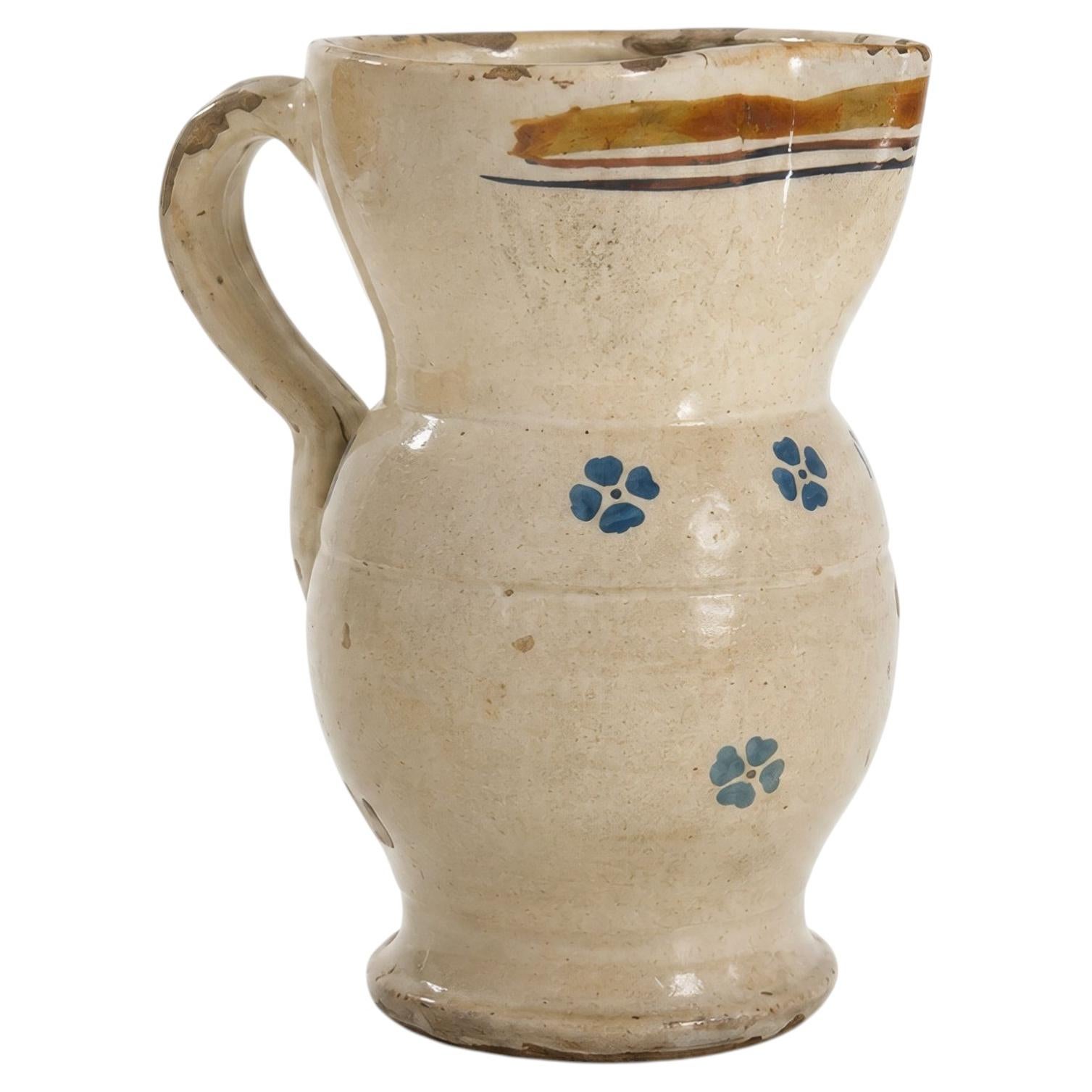 Hand-Painted Ceramic Jug, Southern Italian Folk Art, Distressed Finish