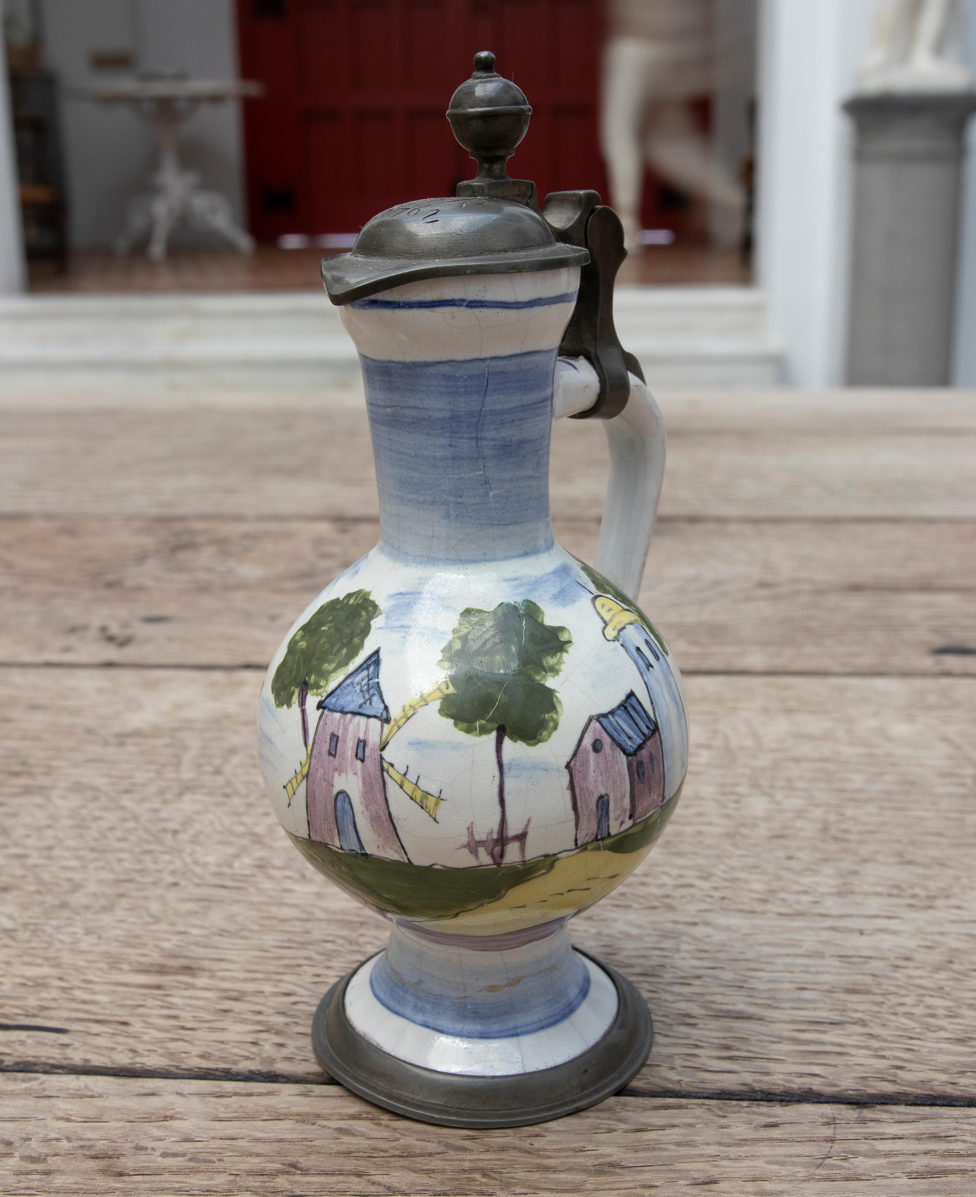 Dutch Hand-Painted Ceramic Jug with Lead Lid, Dated From 1762, For Sale