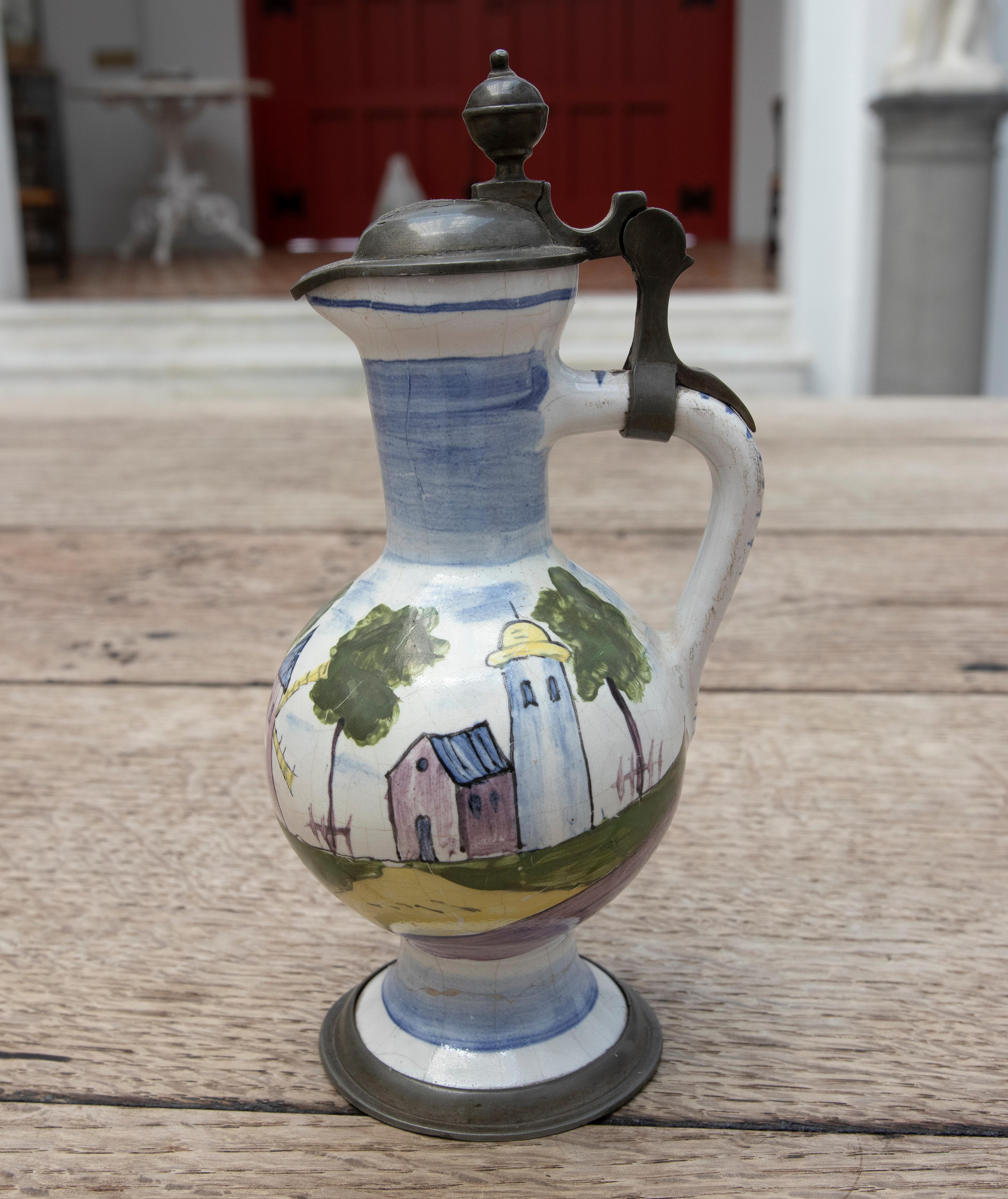 Hand-Painted Ceramic Jug with Lead Lid, Dated From 1762, In Good Condition For Sale In Marbella, ES