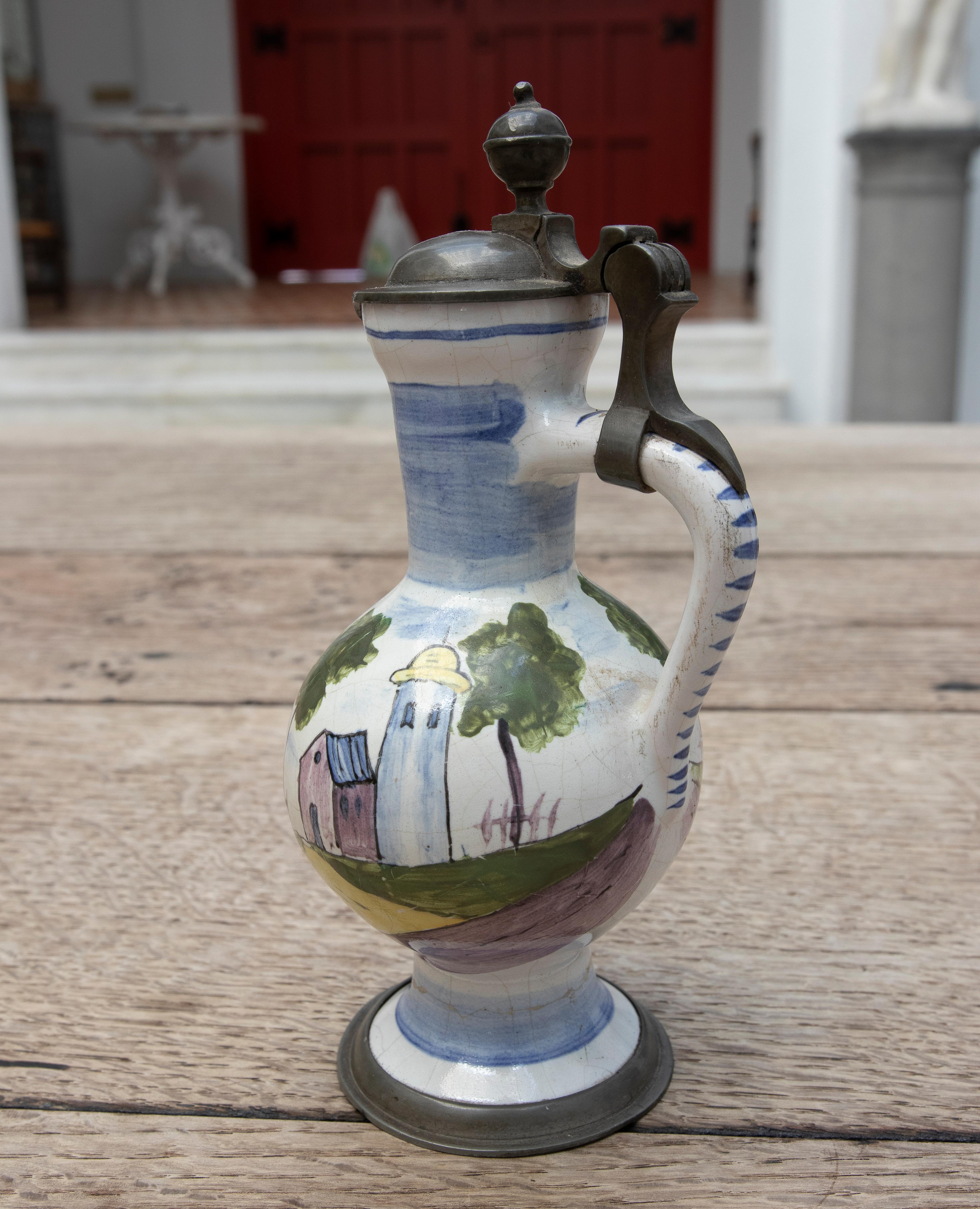 18th Century Hand-Painted Ceramic Jug with Lead Lid, Dated From 1762, For Sale