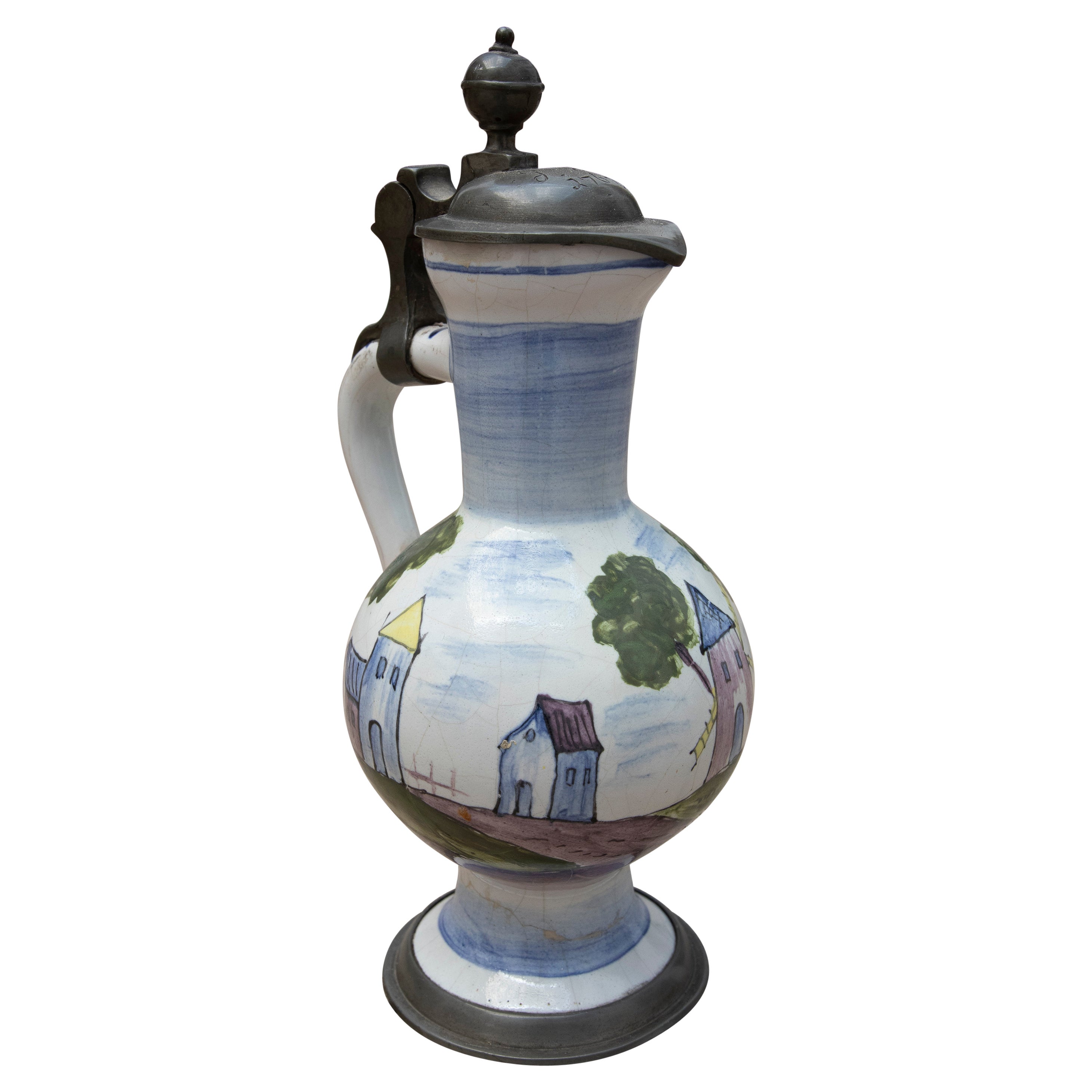 Hand-Painted Ceramic Jug with Lead Lid, Dated From 1762,