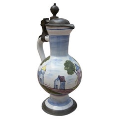 Brocca in ceramica dipinta a mano con coperchio in piombo, datata 1762,