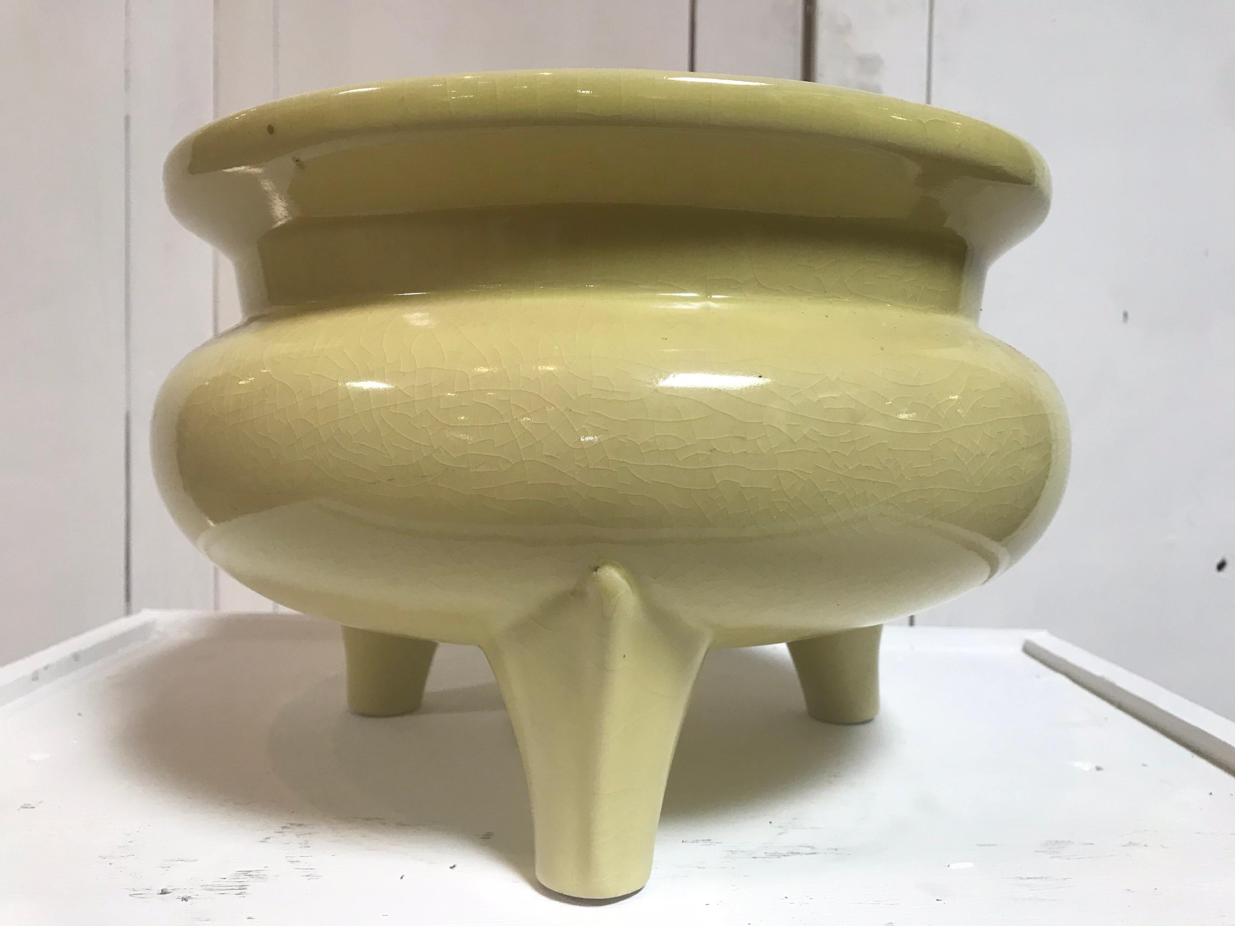 Glazed Hand Painted Ceramic Muted Chartreuse Chinese Bowl For Sale
