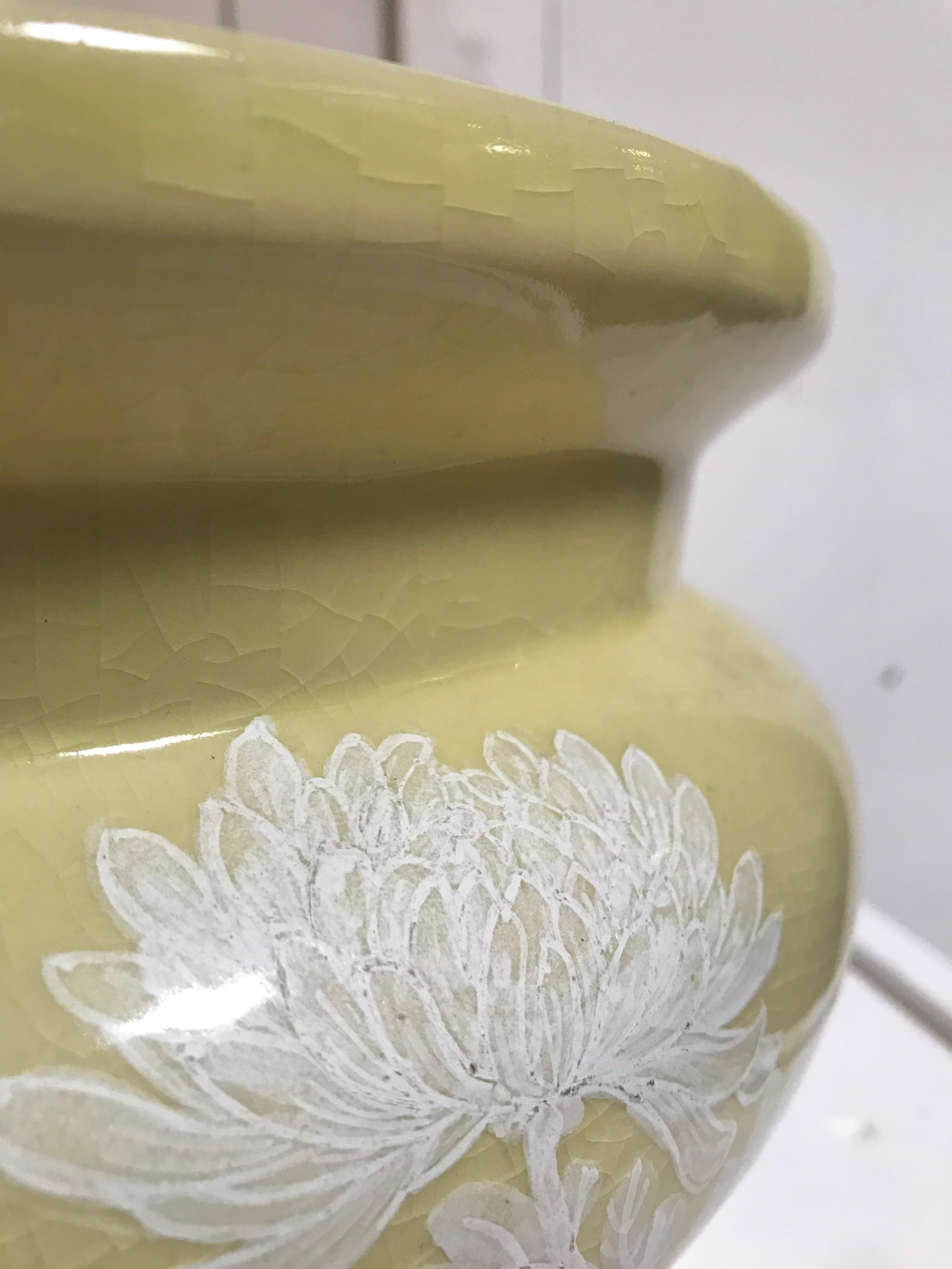 Hand Painted Ceramic Muted Chartreuse Chinese Bowl For Sale 1