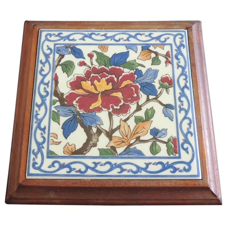 Hand Painted Ceramic Persian Tile Trivet Inset in Wooden Frame For Sale